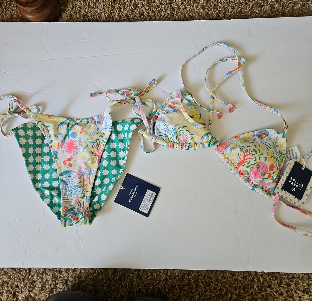 Roller Rabbit Floral & Green Reversible Tie-Side Bikini, Top -S, Bottom-XS